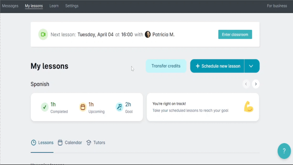 Preply 'My Lessons' dashboard showing upcoming lessons and rescheduling options