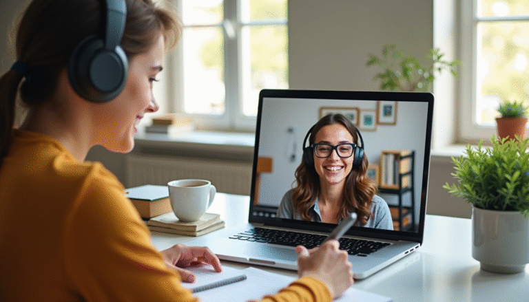 oung adult engaged in an online English lesson with a friendly Preply tutor on a laptop screen