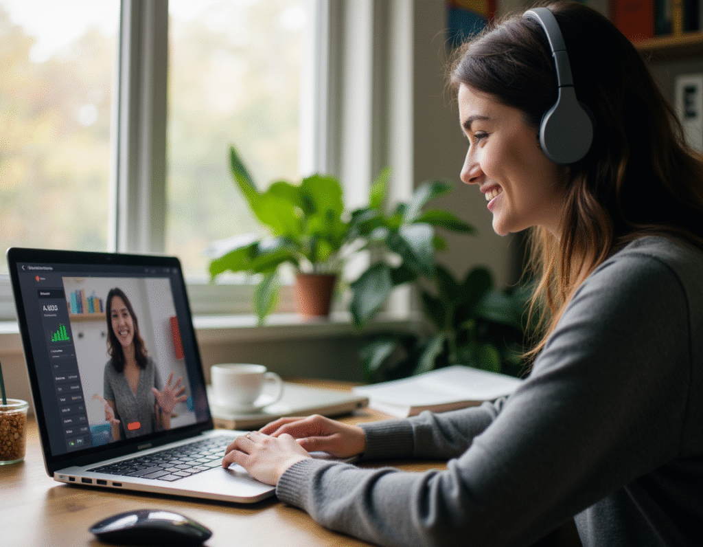 Motivated student practicing spoken English with a Preply tutor during a live video call – interactive method to improve fluency and comprehension online