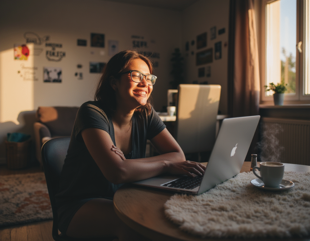 Happy student closing laptop after a successful Preply English lesson, feeling accomplished in a cozy home study space – best online English learning platform