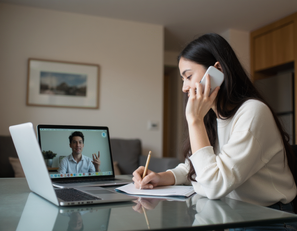 Busy adult learning English on Preply while working from home, using a smartphone and laptop simultaneously – flexible online English tutoring platform
