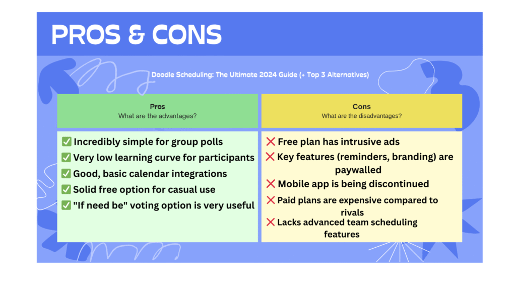Comparison table showing pros and cons with icons