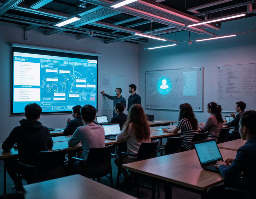Diverse group of learners inside a virtual classroom using AI-powered Preply tools for English learning – future of language education online