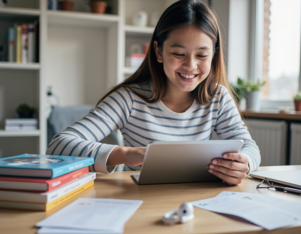 Confident learner using a tablet to review personalized Preply English lesson plans, with flashcards and progress tools – best English platform for all levels.