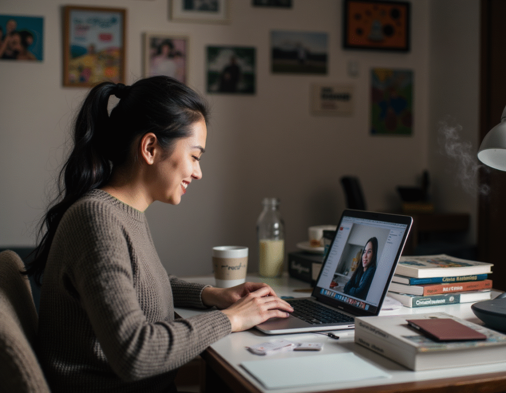 Young woman learning English online with a native Preply tutor, smiling while using a laptop at home, surrounded by study materials – personalized English lessons for beginners