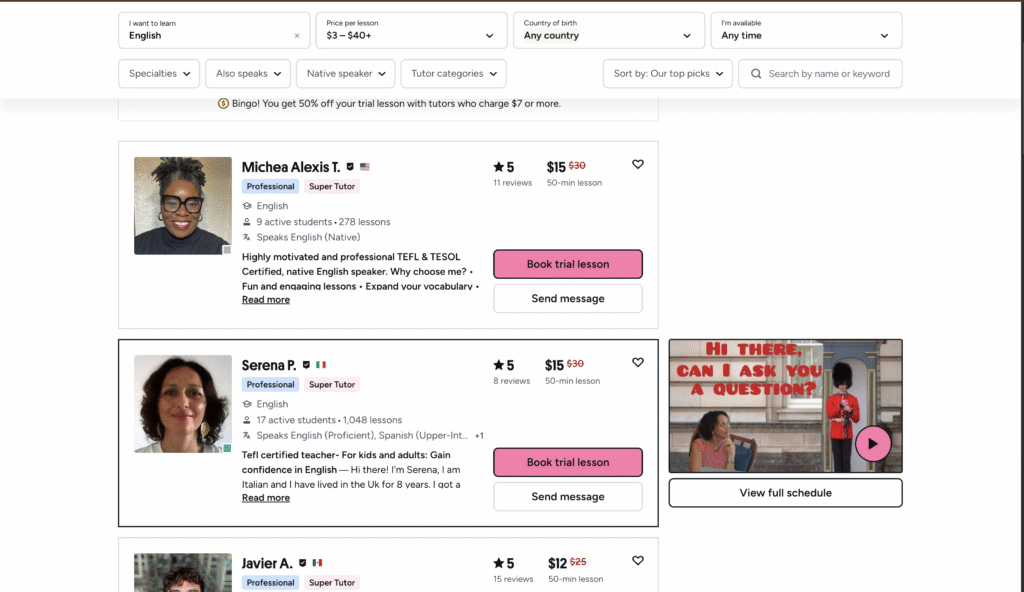 Preply search page showing tutor filters for price, specialty, and availability